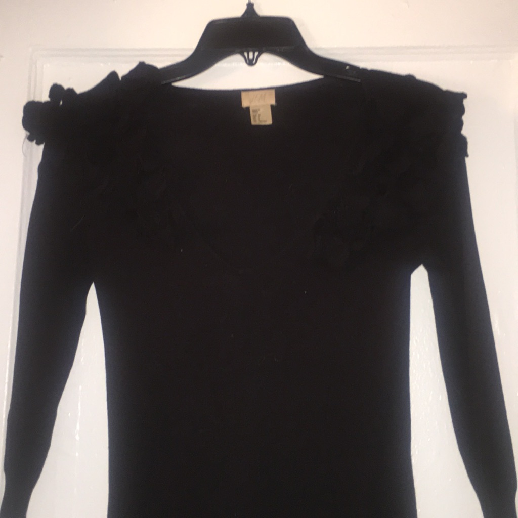 Black Cotton V Neck Sweater Dress
